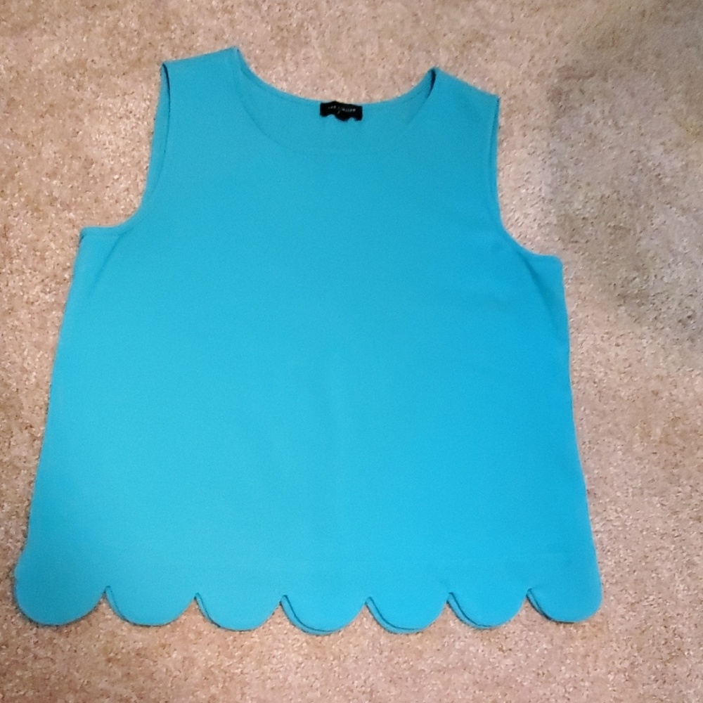Blue Sleeveless Blouse with Scalloped Hem
